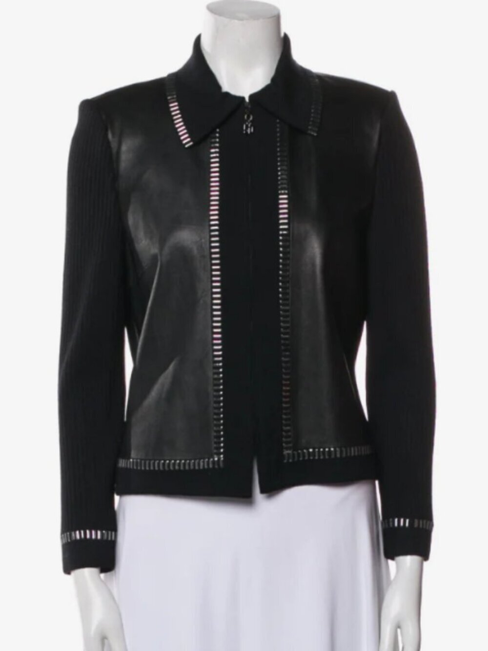 St. John Collection Black Lamb Leather & Knit Silver Detail Zip Jacket Size L